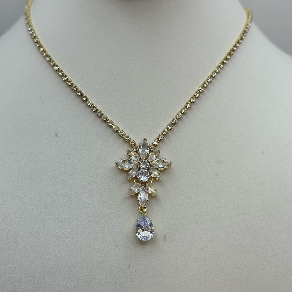 New Gold Tone Plated CZ Drop Necklace 16–18” Bridal Sparkle Evening Formal